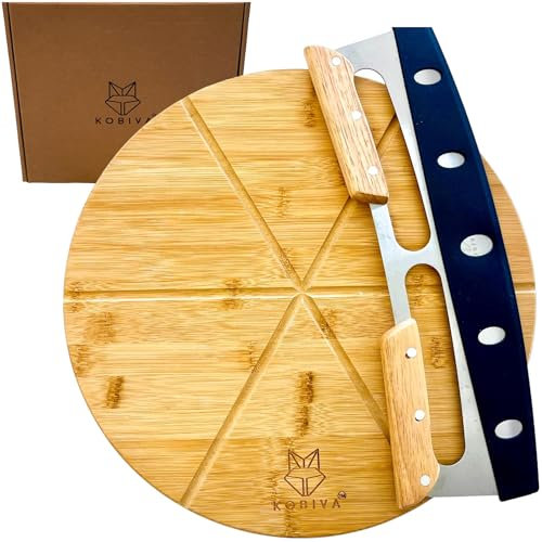 14 Dual-Grip Pizza Cutter Rocker Board Set | Bamboo Pizza Cutting Board with Pizza Rocker Knife Slicer | Pizza Serving Board | Pizza Cutter Rocker Blade | Best Pizza Accessories Gift Set