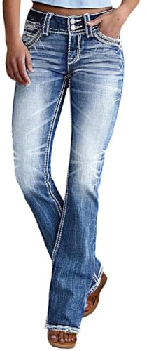 AprPith Women Mid Waisted Bootcut Jeans Zip Stretchy Slim Casual Double Button Flare Denim Pants with Distressed Pocket Blue