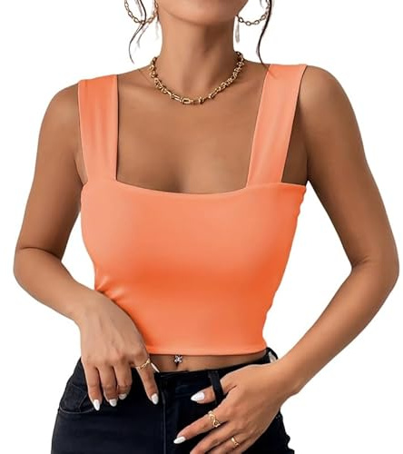 Haibang crop top damer sexig fyrkantig hals linne topp ärmlös linne kort sommar toppar passform korsett topp basic skjorta camisole streetwear, apelsin, L