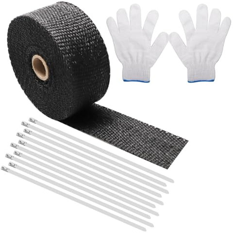 6M Hitzeschutzband Auspuff, Auspuff Dichtband mit 10Pcs Edelstahl Kabelbinder, Hitzeschutzband Auspuffbandage für Motorrad Auto Fächerkrümmer (Schwarz)