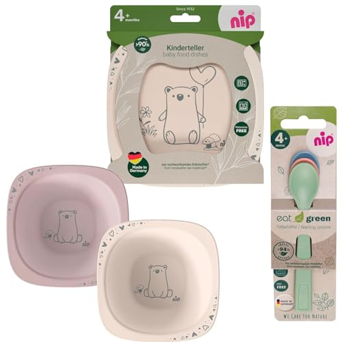 NIP Eat Green porslinsset från 4. Månad, 2 tallrikar, 2 breda skålar, 3 äts gröna ekologiska babyskedar, diskmaskinssäker, mikrovågsugnssäker, BPA-fri, melaminfri, PVC-fri, tillverkad i Tyskland,