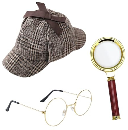 ASFWAGQ 3 pezzi costume da detective anni '20 costume da detective accessorio con cappello detective occhiali lente di ingrandimento detective cosplay puntelli di scena taglia unica per carnevale