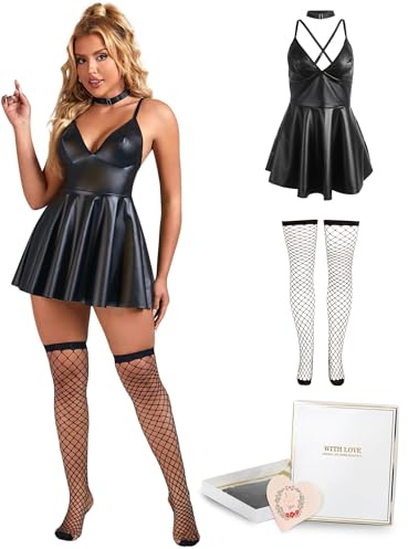 ohmydear Robe Femme Simili Cuir Mini Robe Skater Lingerie Serré Soir Décolleté en V Stretch Moulant PU Leather Club Libertin Grande Taille