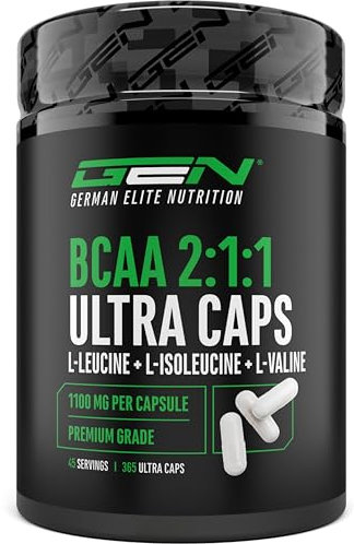 BCAA Ultra Caps - 365 capsule con 1100 mg ad alto dosaggio per capsula - Rapporto ottimale 2:1:1 - Leucina, L-isoleucina, L-valina - Aminoacidi essenziali a catena ramificata