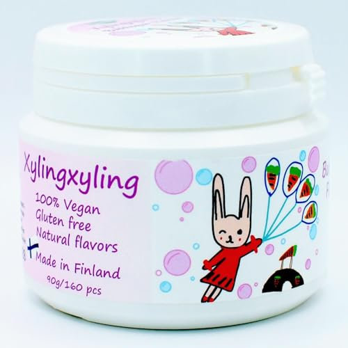 Xylingxyling - Pastille finlandaise au xylitol - 100% végétalienne, sans sucre, sans gluten, arômes naturels, soins dentaires et haleine fraîche, 90 g/160 pièces (goût bubblegum) (1 paquet, 1, unité)