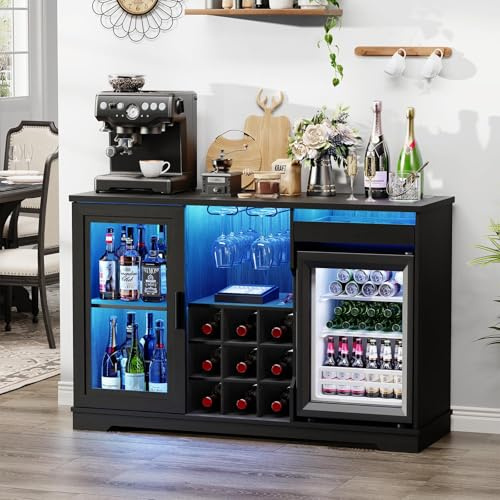 BROTTAR Wine Bar Cabinet with Fridge (Fridge Included), Drinks Coffee Cabinet with LED Lights & Rack, Mini Fridge Cabinet with Storage, Human Body Sensor, Sideboard for Kitchen Dining Room, Black