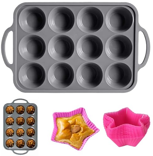 Eclove Molde Magdalenas Silicona, 12 Gris Cavidades Antiadherente Bandeja para Hornear Muffins, Incluye 12 Silicona Bases Estrella Colores Aleatorios, Lavavajillas para Brownies Pudín 37.5x23x3 cm