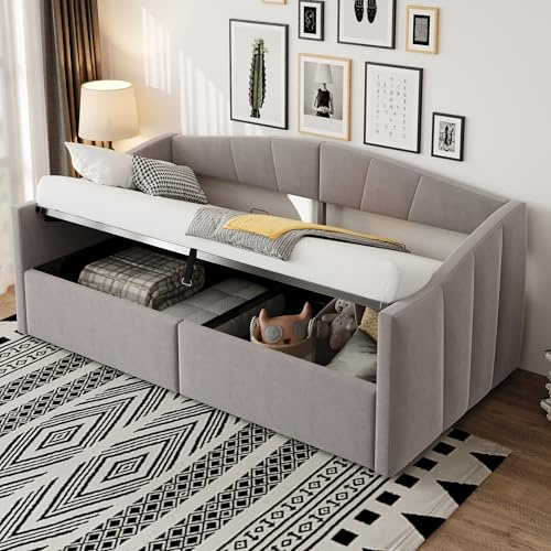TOBIDOEN Polsterbett Schlafsofa 90x200 cm mit Bettkasten Stauraum, Klassische Streifen Sofabett mit Hydraulischer Lagerung, Lattenrost und Armlehnen, Tagesbett Daybed im Samtstoff, Hellgrau