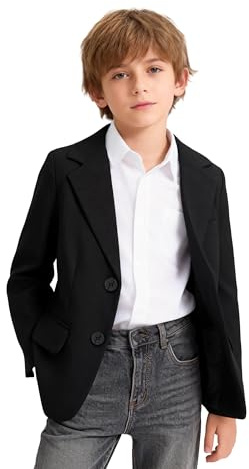 LOLANTA Boys Casual Blazer, Kids Solid Classic Suit Jacket, Single Breasted with Flap Pocket, Black, 12-13 Years, 170