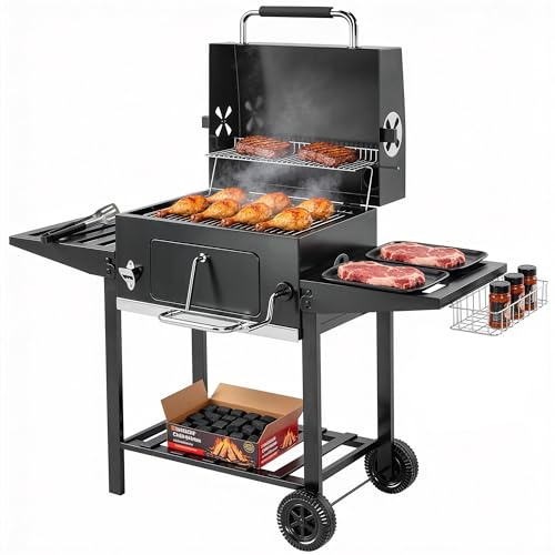 Outsunny Barbecue Carbonella con Griglia, Sfiati Vasca Carbone Regolabile, Carrello BBQ Barbecue Portatile con Coperchio, Ripiani Pieghevoli, Termometro, Cestino, Ganci, Ruote, per Campeggio, Nero