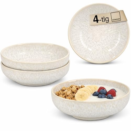 Sänger | Schalen Set Korfu 4 tlg, Müslischalen für 4 Personen, Steingut Schalen Handmade, Set inkl. 4 Dessertschalen Ø 18,1 cm, Essschalen Creme Farben mit Sandiger Maserung