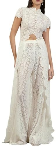 Generale Completo Due Pezzi in Pizzo Elegante Donna Top Asimmetrico Bottoni Maniche Corte Pantalone Largo Tenuta Appuntamento w(White,S)
