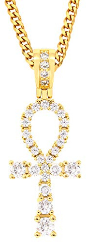 TUHE Collar con colgante de cruz Ankh egipcia chapado en oro de 18 quilates con circonita cúbica AAA para hombres y mujeres, simulando detalles de diamante, collar con dije de hip hop con cadena de