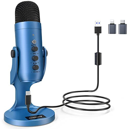 zealsound USB Mikrofon, Mikrofon Handy PC, Kondensatormikrofon mit Adapter für Smartphone, Laptop, PS4 & PS5, mit Echo/Stumm, für Aufzeichnung, ASRM, Streaming, Podcast, Gaming, Plug & Play, k66 Blau