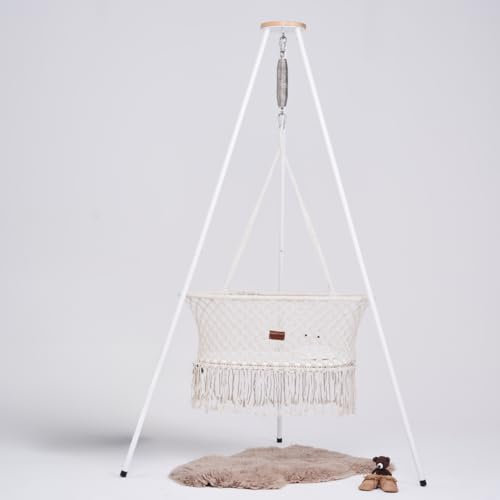 Hochwertige Makramee Baby Federwiege aus Bio-Baumwolle im Set mit Standfuss und nachhaltiger Sorona® Matratze – TÜV-Geprüft, Waschbar, Pflanzenbasiert, Babybett Ideal für Unterwegs
