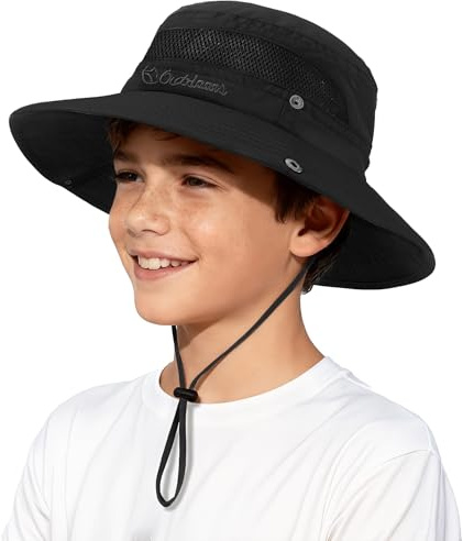 Kids Sun Hat UPF 50+ Sun Protective Bucket Hat for Kids Boys Girls Wide Brim Summer Beach Fishing Safari Adjustable Hat Black 5-13 Years