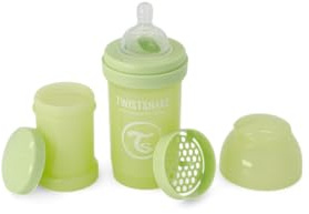 Twistshake Anti-Kolik-Babyflasche mit Milchpulverbehälter und Mixer - 180ml | Brustähnliche Nippel aus Silikon mit mittlerem Durchfluss | BPA-freie Babymilchflasche | Neugeborene (0+) | Kaktusgrün