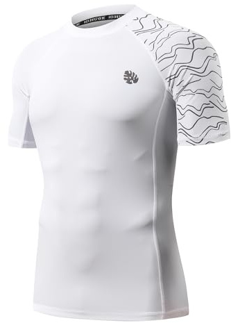 HUGE SPORTS Men's Short Sleeve Splice Skins Rash Guard Shirt Sun Protection Outdoor Activities Rash Vest for Surf, White Lines, L