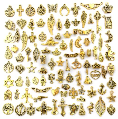 WUERKIYA 100PCS Wholesale Bulk Lots Jewelry Making Charms, Mixed Smooth Gold Plated Metal Charms Pendants DIY, for Necklace Bracelet Jewelry Making and Crafting