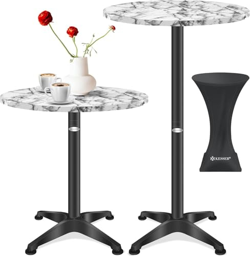 KESSER® Table de bistrot 2 en 1 - Plateau en aluminium et acier inoxydable - Hauteur réglable 70/115 cm - Table ronde - Intérieur et extérieur - Housse - Marbre