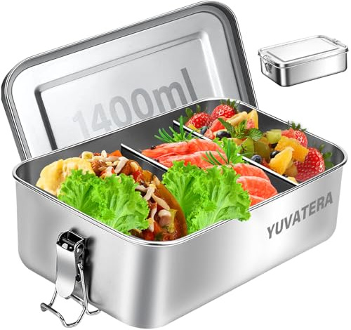 YUVATERA Fiambrera de Acero Inoxidable de 1400 ml, Fiambrera de Acero Inoxidable,A Presión y Anillo de Sellado de Silicona,sin BPA,Metal para Adultos y Niños,Apto para Lavavajillas