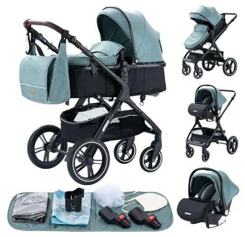 YAZOCO 3 in 1 Prams, Pushchair with Height Adjustable Handle, Travel System Pram with Changing Bag, Baby Stroller with Aluminum Frame for Newborn 0-4 Years (X1 Green)