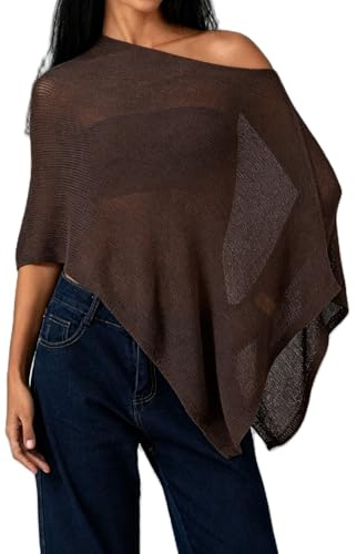 DexQur Womens Sheer Poncho Top Y2k Knitted Summer Asymmetrical Mesh Shawl Pullover Sweater Cover Up Tops (Chocolate, One Size)