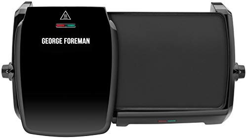 George Foreman Large Electric Grill & Griddle [Dual independent temperature control, Energy saving, Easy clean, Non stick, Healthy, Toastie, Hot plate, Panini, BBQ, Ready to cook light] Black, 23450