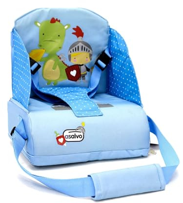 Asalvo BOOSTER CUSCUS Trona de Viaje Portatil para bebés, Asiento elevador para comer, Plegable, Arnés de seguridad, Bolsillo incorporado, Respaldo 25 cm, Desde 6 meses hasta 15 kg, Camaleón Azul
