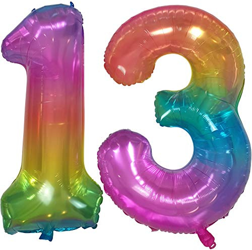 DIWULI, XXL giganti Palloncini 2 facce (2 Colori), Numero 13, Palloncino Arcobaleno argento Numeri, Pallone in Foil Anni gonfiabile grande gigante bambino 13° Compleanno Festa Anniversario Decorazione