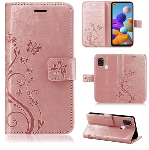 Hülle Kompatibel mit Samsung Galaxy A21s | Klapphülle Schutzhülle mit Kartenfächer Kompatibel für Galaxy A21s | Magnetverschluss Klapphülle | Rosegold