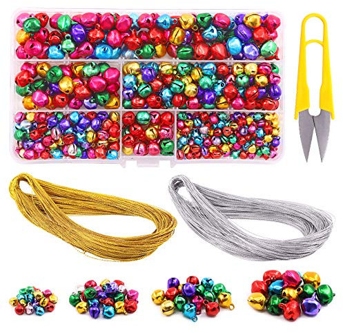 Swpeet Colorful 4 Sizes Jingle Bells Assortment Kit with 200m Gold Sliver Cord, Craft Bells for Christmas Party Decorations