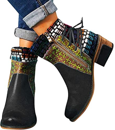 ticticlily Femme Bottines Automne Hiver Rétro Casual Bottines Bottes à Bout Rond à Talons Bas Bottes Basses Fashion Bottes d'équitation
