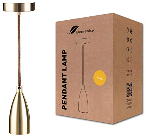 greenandco Hängeleuchte | E27 | Farbe Messing | mit 150cm Textilkabel kürzbar | Vintage Pendelleuchte | 230V | retro Kabellampe