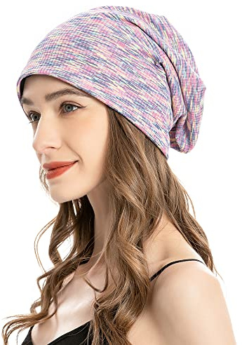 ZLYC Women Slouchy Jersey Beanie Summer Knit Hat Thin Stretch Skull Caps(Patterned Purple)