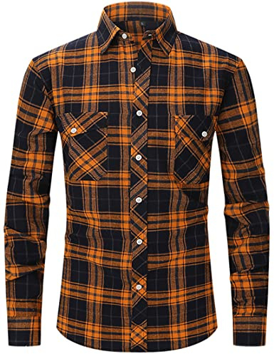 PADOLA Hombre Camisas Casual Franela Manga Larga Camisa Camisa Cuadros Ajuste Regular Checkshirt Corte Normal Plaid Flannel Shirt (Naranja S)