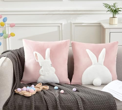 IHClink Fundas de cojín de Pascua, decoraciones de Pascua, cuadradas, primavera, Benny, funda de almohada decorativa de terciopelo bordado 3D para sala de estar, sofá, dormitorio, 45 cm x 45 cm, juego