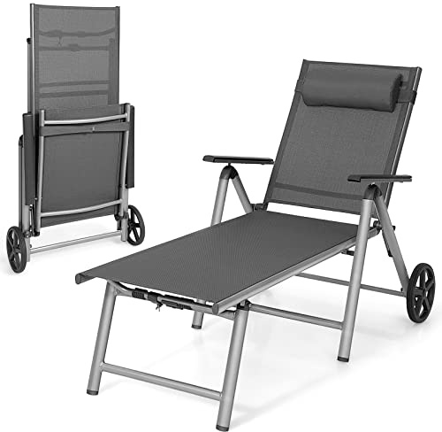 COSTWAY Chaise Longue de Jardin Pliable en Aluminium avec roulettes Charge 150KG, Bain de Soleil Inclinable avec Dossier Réglable à 7 Positions et Appuie-Tête Amovible Séchage Rapide (Noir)
