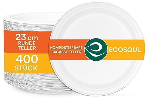 ECO SOUL Pearl White Runde 23cm Bagasse Pappteller (400 Stück), Einweggeschirr und 100% Kompostierbares, Umweltfreundlich Partygeschirr, Robust Campinggeschirr, Mikrowellen- und Ofenfest