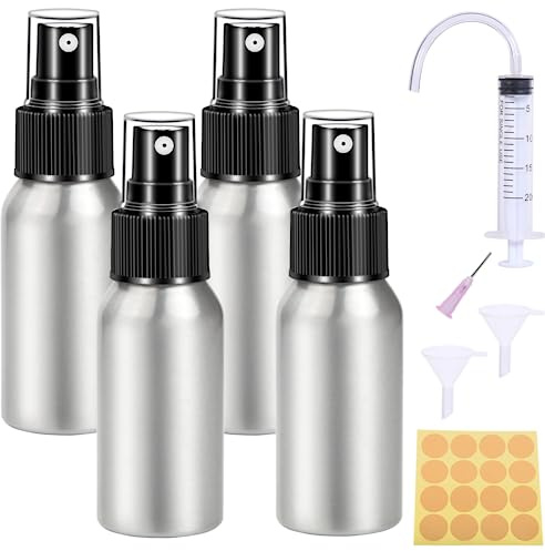 Nuts OT nuts Flacone spray da 50 ml, piccolo, 4 pezzi, in lega di alluminio, nebulizzatore, mini bottiglie vuote da riempire, per acqua, profumi, cosmetici, liquidi e oli essenziali