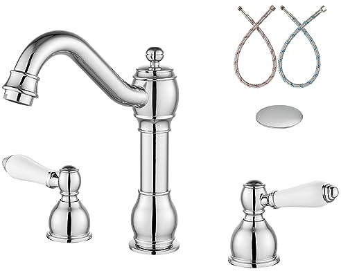 Aolemi Cromo polacco 8 pollici diffuso bagno lavandino rubinetto doppia maniglia in ceramica 3 fori Deck Mount Vanity lavabo miscelatore con pop up scarico montaggio