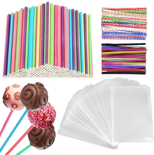 lahnao 600 Stück Cake Pop Stiele Set mit 200 Stück 6-Farbigen Lollipop Sticks, 200 Stück Cake Pop-Tüten und 200 Twist Ties für Lutscher, Bonbons, Kekse, Gebäck