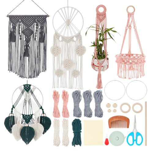 IFNUNLY 5 Set DIY Leaf Macrame Tapestry for Adults Macrame Wall Hanging Ornament Handmade Macrame Plant Hanger Kit Boho Macrame Flower Basket Making Kit Macrame Keychain with Instruction Home Decor