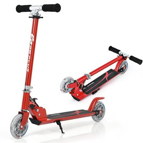 GOPLUS Roller Kinder ab 4 Jahre, Scooter Kinder mit LED Rädern und Hinterradbremse, Tretroller Kinderroller höhenverstellbar klappbar bis 70 kg belastbar für Mädchen Jungen (Rot)