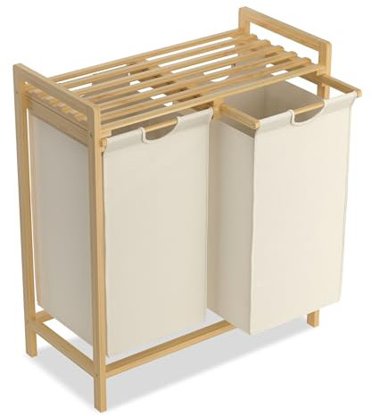 FIVMEN Wäschekorb 2 Fächer 36L Wäschesammler Wäschesortierer mit Bambus Oberem Rega und Griffen Wäschebox Wäschesack aus Oxford-Gewebe für Waschküche Bad, Beige