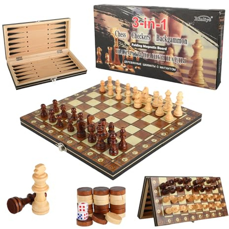 Schachspiel aus Holz - 3 In 1 Schachbrett Magnetisch - Faltbares Chess Board Set - Reiseschach, Schach/Dame/Backgammon (29x29cm)