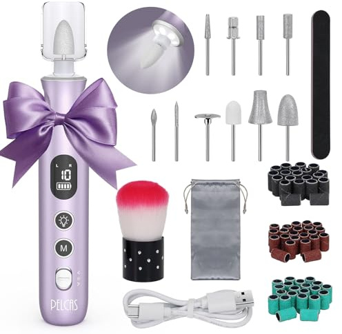 PELCAS Electric Nail Drills, 10 Speeds Cordless Nail File with LED Light, Portable Manicure & Pedicure Kit, Nail Grinder with LCD Screen for Human, Pet, Thick Toenails, Natural & Acrylic Nails Purple