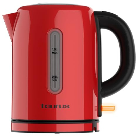 Taurus – Wasserkocher Vintage Compact Red 2400W | 1L | 360° Basis | Automatische Abschaltung | LED-Anzeige | BPA-frei | Edelstahl | Tassenanzeige | Retro-Design | Rot