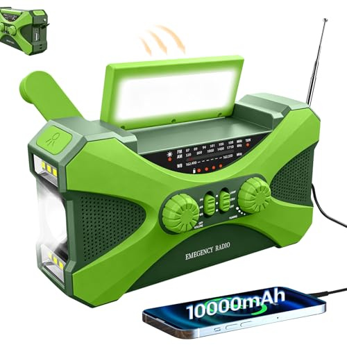 FLITI Radio Manivela Solar Emergencia, Emergencia Portátil, Manivela Solar Am/FM, Batería Power Bank 10000mAh, Radio de Supervivencia con Manivela, Linterna, Alarma SOS (Verde)
