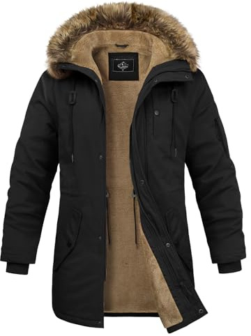Xnova Men's Thermal Winter Parka Jacket Fluffy Warm Fleece Lined Padded Jackets Military Cargo Cotton Coat Mid-Length Full Zip Outerwear with Detachable Trim, Black, XXL